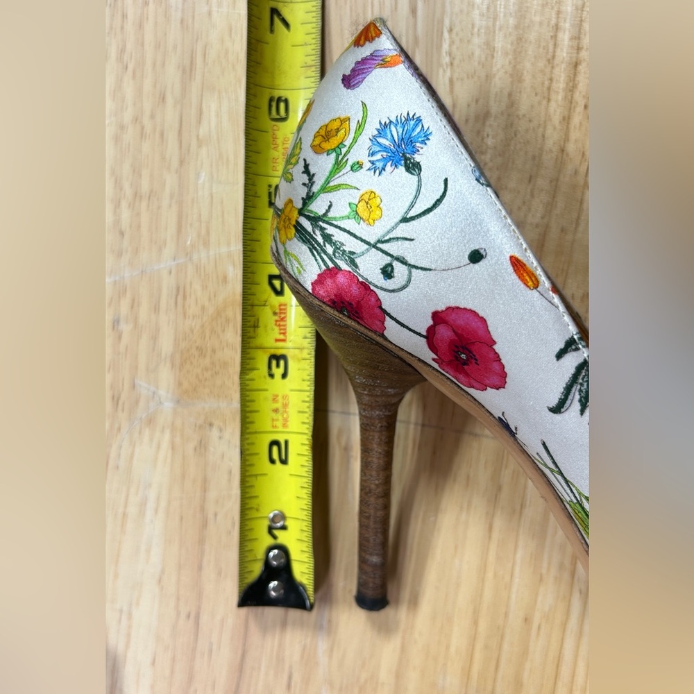 GUCCI Botanical Floral Flora Satin & Karung Horsebit Peep Toe Pumps 8 B Italy - Picture 11 of 11